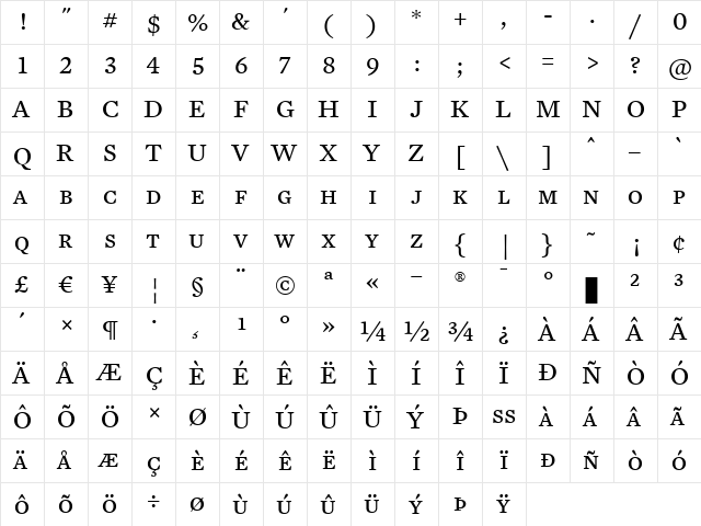 Mercury Text G3 Regular  glyph index