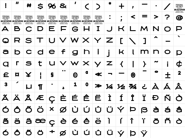 Capoon PERSONAL USE Bold  glyph index