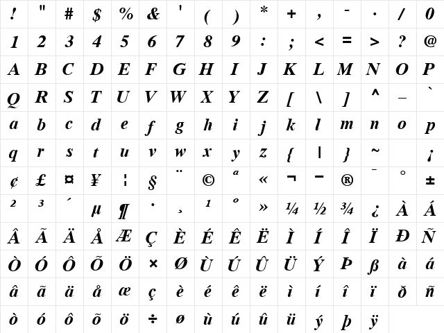 GrecoTenSSK Bold Italic  glyph index