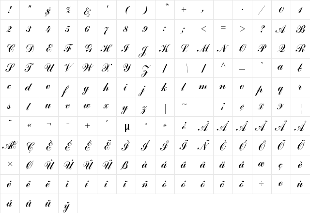 Commercial Script Std Regular  glyph index