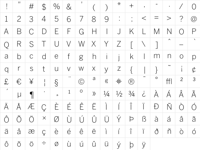 BentonSans Light  glyph index