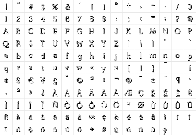 BenjaminBeckerShadow-Light Regular  glyph index