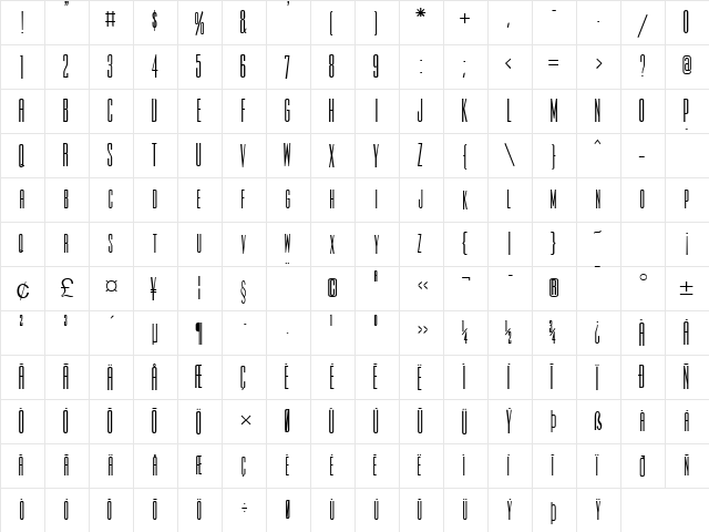 Slim Jim Bold  glyph index
