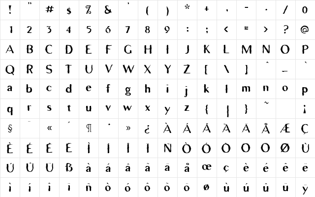 TRGrunge Regular  glyph index