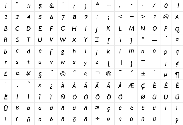 Gentle Sans Italic  glyph index