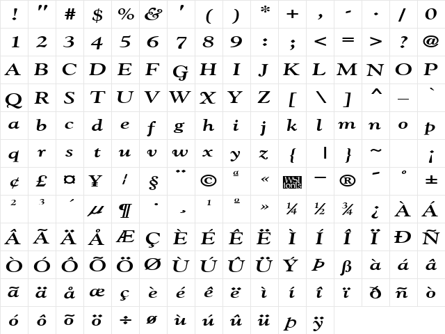 GildeBroad BoldItalic  glyph index
