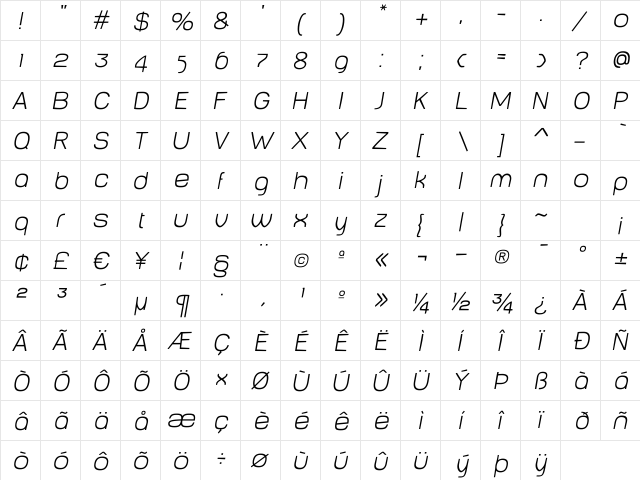 Baby MineThin Oblique Regular  glyph index