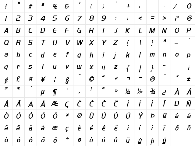 Orbit-Condensed Bold Italic  glyph index