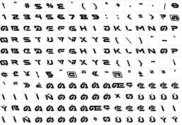 Iron Shark Oblique Regular  glyph index