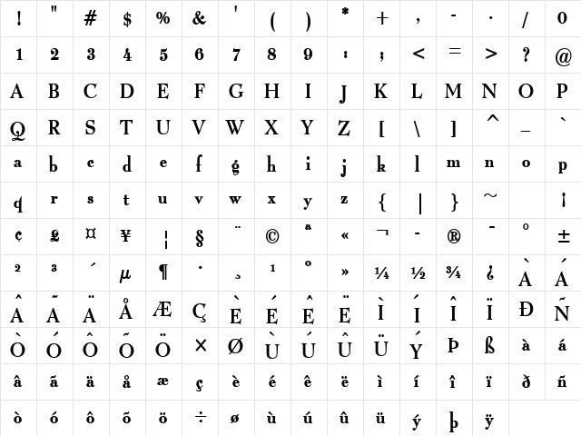 Luciano Condensed Bold  glyph index