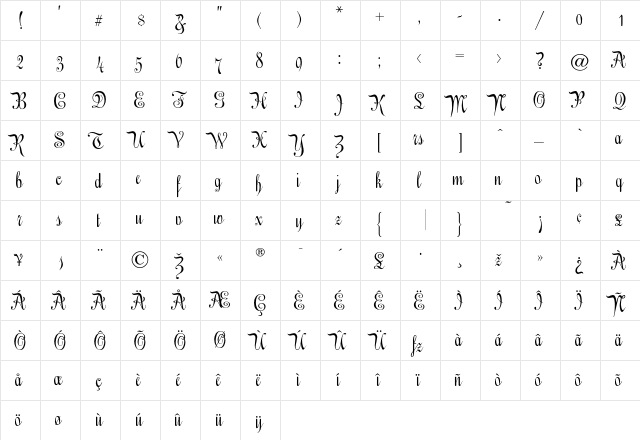 EngrossingScript Regular  glyph index