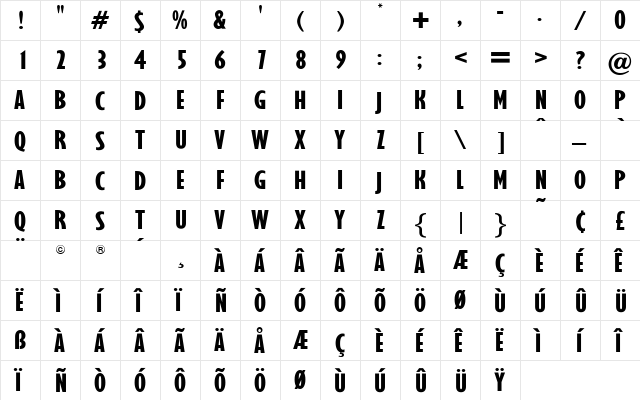 OPTIGibby-XBoldXCondHeads Bold  glyph index