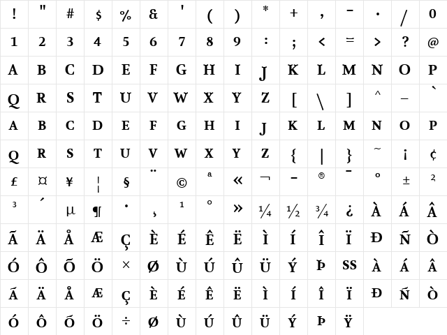 AtmaSerifTF-BoldRomanQC Regular  glyph index