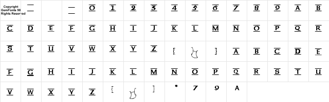Ribbon Regular  glyph index