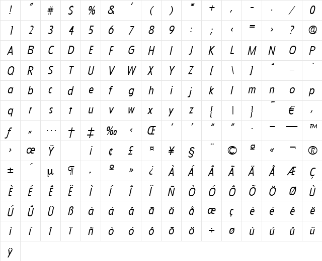 Florida-LightIta Regular  glyph index