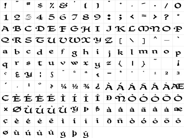 ClarkNorm107 Bold  glyph index