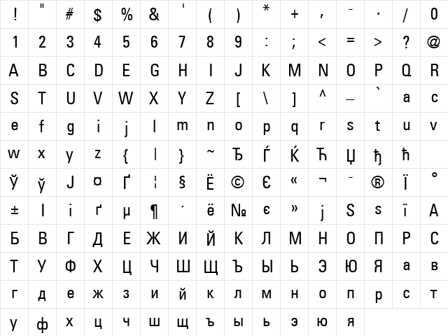 PartnerCondensed Normal  glyph index