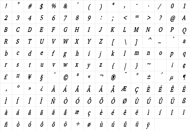 Challenge Thin Bold Italic  glyph index