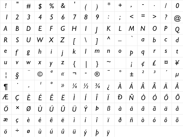 Gill Sans Std Italic  glyph index