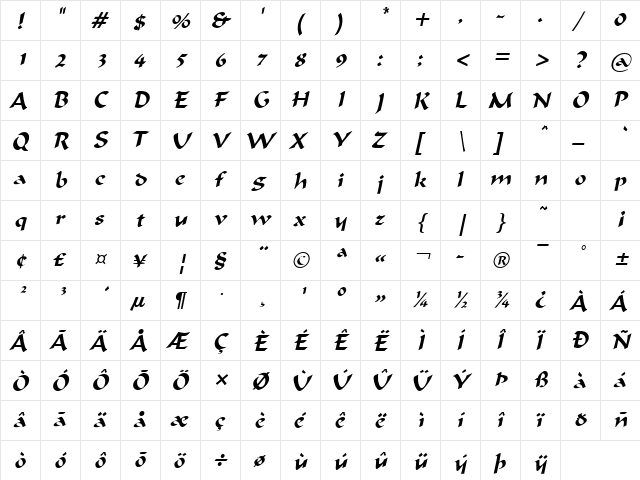 FlatBrush-Extended Italic  glyph index