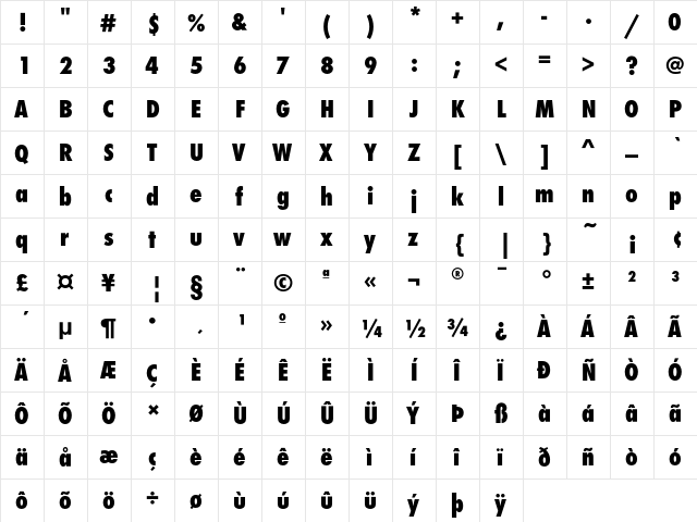FuturaEF ExtraBoldCond  glyph index