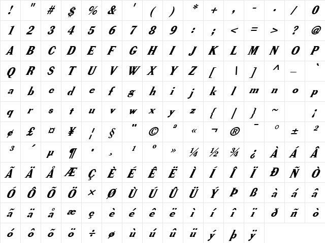 FZ ROMAN 40 ITALIC Normal  glyph index