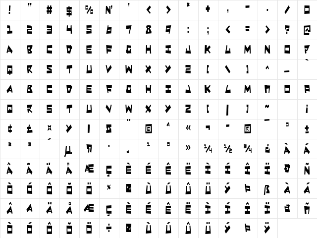 Quake & Shake Condensed Condensed  glyph index