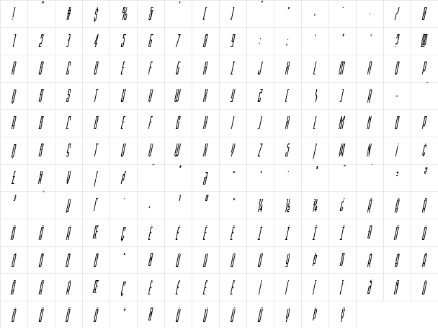 Blue Cobra Condensed Italic Regular  glyph index