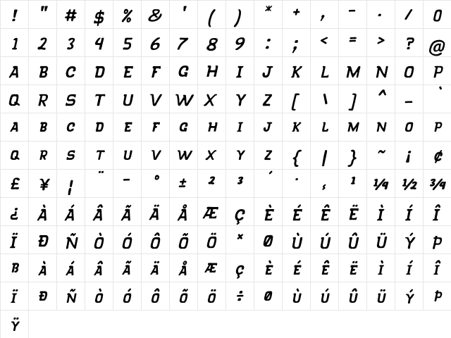 KLAPJO Italic  glyph index