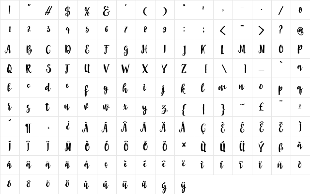 Asly Brush Regular  glyph index