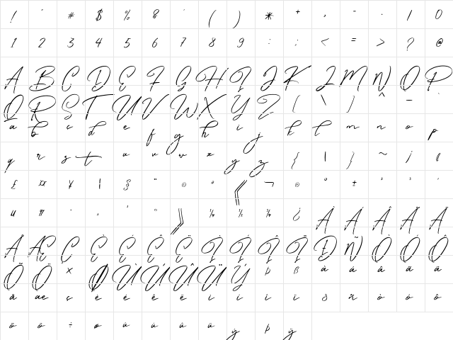 Caramello Free Regular  glyph index