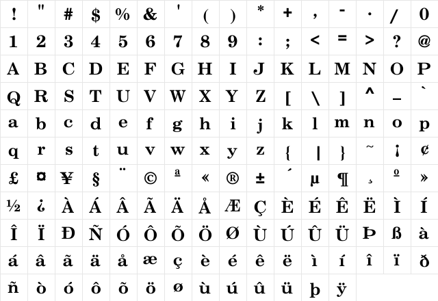 Bucolic Bold Regular  glyph index