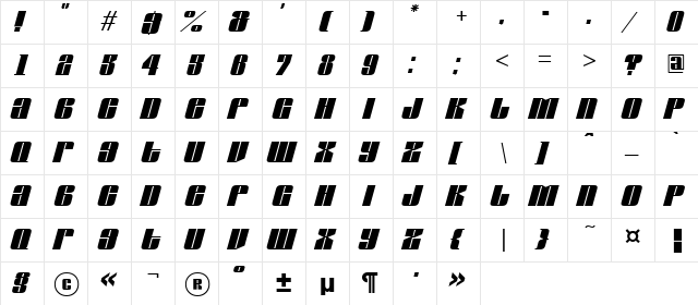 a_GlobusOblique Regular  glyph index