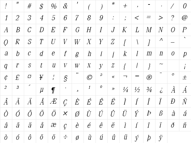 CompendiumLightSSK Italic  glyph index