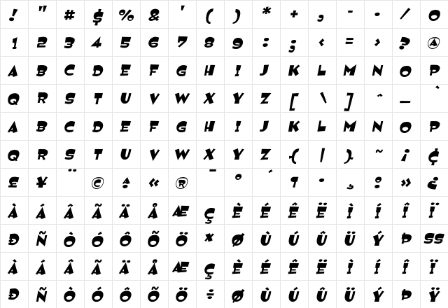 Jemima Italic  glyph index