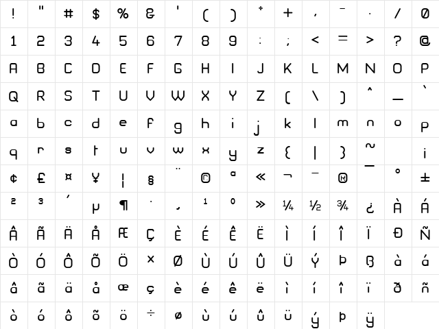 Brave New Era G98 Regular  glyph index
