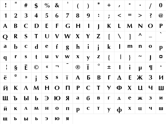 AGOptimaCyr-Bold Bold  glyph index