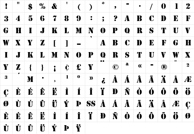 Stencil LT Regular  glyph index