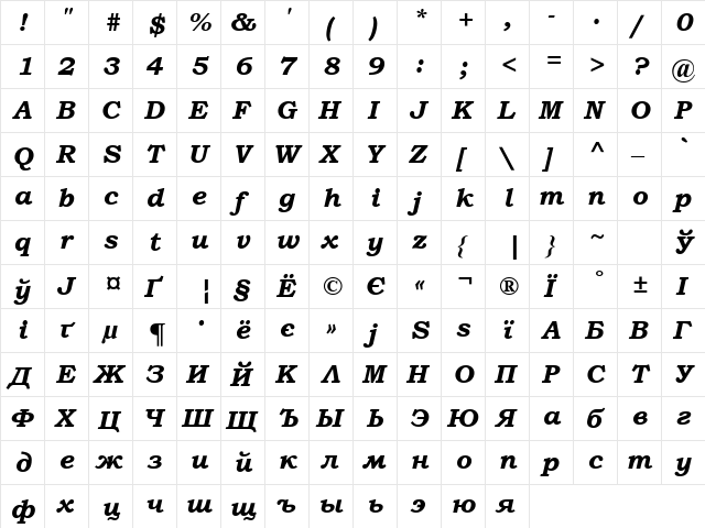 Bookman Old Style Cyr Bold Italic  glyph index