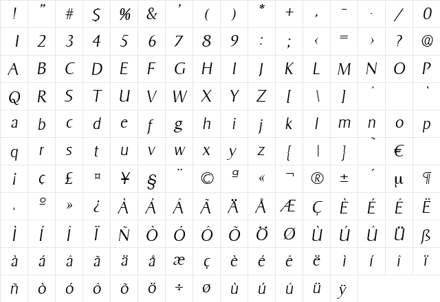 Sigvar-XlightIta Regular  glyph index