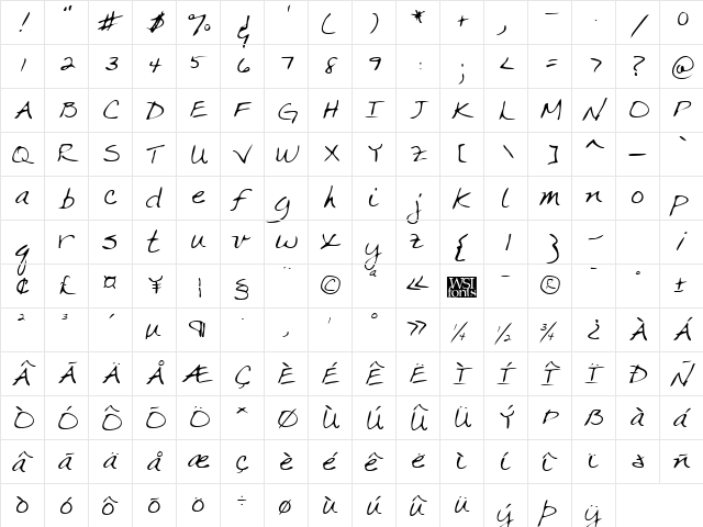 CrystalsHand Regular  glyph index
