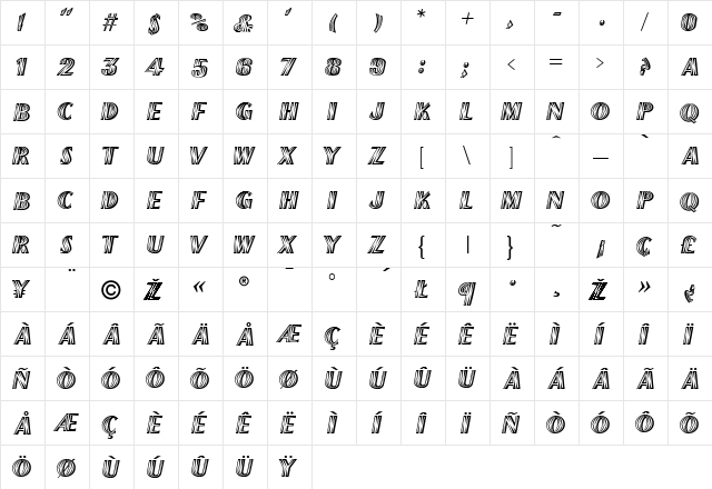 FrenchFlash Regular  glyph index