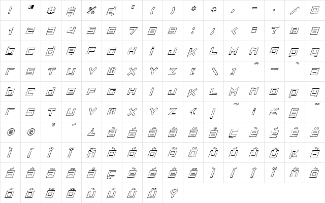ZipSonik Sketch-Italic  glyph index