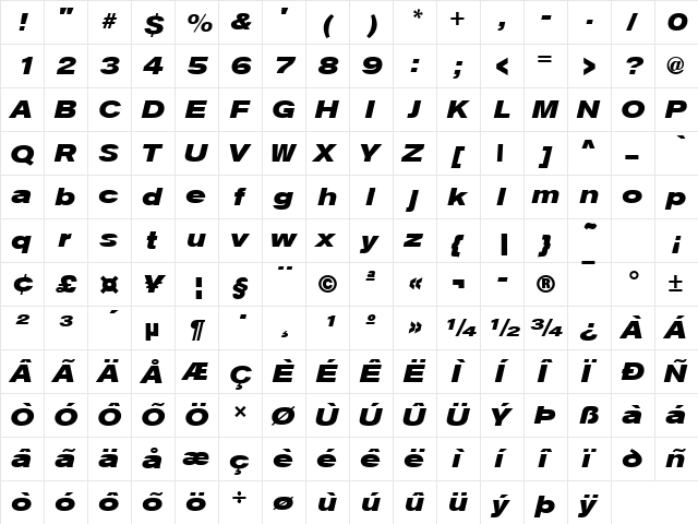 URWAccidaliaTExt Bold Italic  glyph index