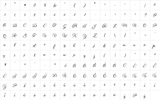 Sophia Script Regular  glyph index