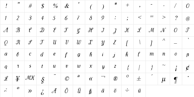 Wenceslas Medium Italic  glyph index