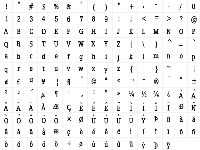 Eggo Condensed Bold  glyph index