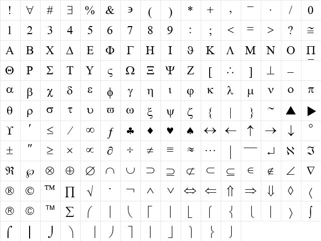 BookSymbol Regular  glyph index