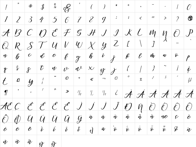 Diary Amily Regular  glyph index