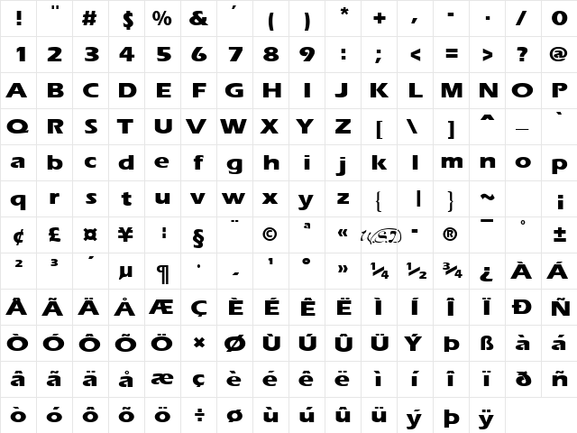 Ergoe Extrabold Expanded Regular  glyph index
